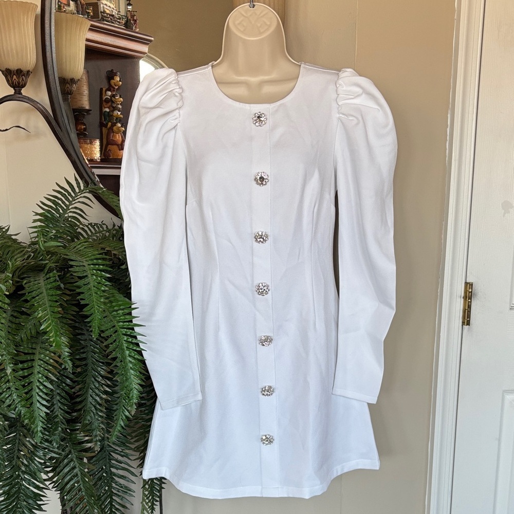 Danielle Bernstein White Rhinestone Mini Dress Long Puff Sleeves A-Line Macy's